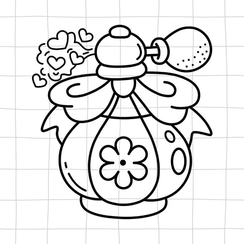 May include: A black and white line drawing of a perfume bottle with a bow and a flower design. Hearts are coming out of the bottle's nozzle.