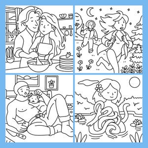 Pu&ograve; includere: Illustrazione in bianco e nero con quattro pannelli. I pannelli raffigurano scene di persone che cucinano, corrono, si rilassano con un gatto e una donna in uno stagno. Lo stile &egrave; semplice e fumettistico.