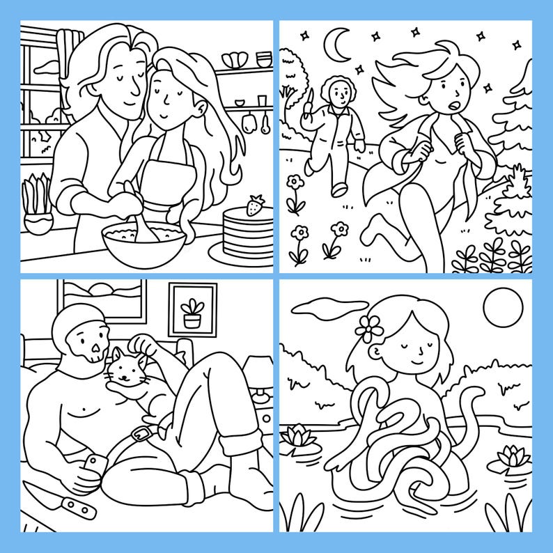 Pu&ograve; includere: Illustrazione in bianco e nero con quattro pannelli. I pannelli raffigurano scene di persone che cucinano, corrono, si rilassano con un gatto e una donna in uno stagno. Lo stile &egrave; semplice e fumettistico.