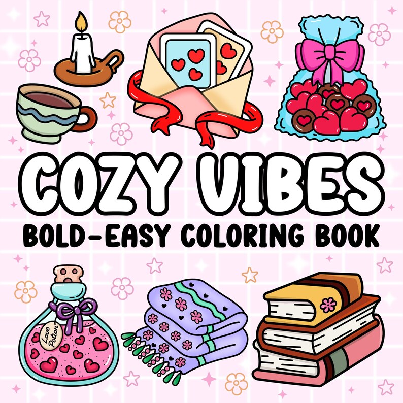 May include: A colouring book with the title "Cozy Vibes Bold-Easy Colouring Book". The cover features illustrations of a cup of coffee, a stack of books, a bottle of potion, a blanket, a love letter, and a bag of hearts.