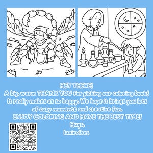 Pu&ograve; includere: Due pagine di libro da colorare in bianco e nero. Una raffigura un guerriero con la coda di uno scorpione, l'altra una persona con delle pozioni. Il testo recita "HEY THERE!" e "A big, warm THANK YOU for picking our coloring book!"
