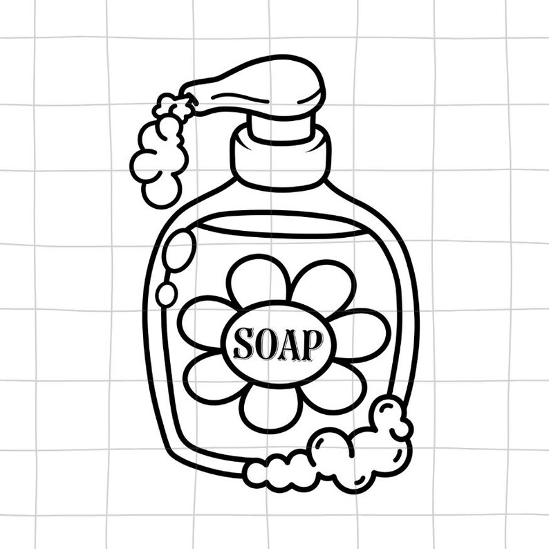 May include: A black and white line drawing of a soap bottle with a pump dispenser. The bottle has a flower design with the word "SOAP" in the centre. There are bubbles around the bottle.