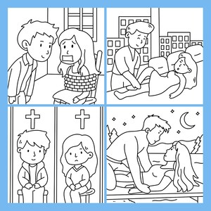 Pu&ograve; includere: Illustrazione a fumetti in bianco e nero raffigurante quattro scene diverse. Le scene includono una persona legata, un parto, un funerale e una coppia in un ambiente romantico.