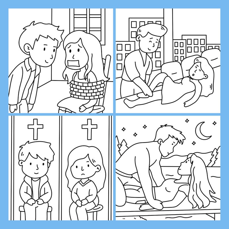 Pu&ograve; includere: Illustrazione a fumetti in bianco e nero raffigurante quattro scene diverse. Le scene includono una persona legata, un parto, un funerale e una coppia in un ambiente romantico.