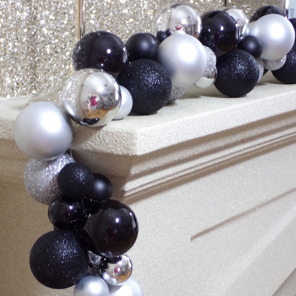 1.8m Black and Silver Christmas Bauble Garland Mixed Festive Swag 6ft Stunning Lit or Unlit