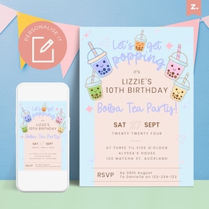May include: A light blue birthday party invitation with the text "Let's get popping" and "Boba Tea Party!" featuring cartoon boba tea cups. The invitation includes the birthday girl's name, date, time, and location. A matching phone screen displays the same design.