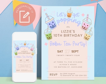 Uitnodiging Boba Tea-verjaardagsfeestje | DIRECT DOWNLOADEN | Bubble tea party-uitnodiging | Leuke kawaii-uitnodiging voor feest | Laten we gaan knallen!