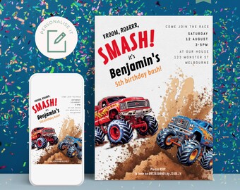 Monster Truck Party Invitation | EDITABLE INVITES | Monster Trucks Jam Invite | Monster Truck Birthday Party | Boys Birthday Invite