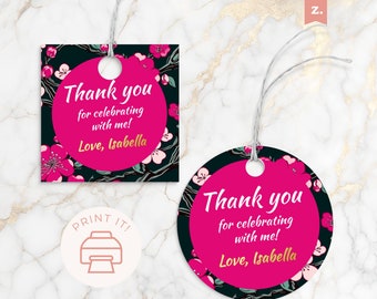 May include: Two pink and black floral patterned gift tags with the text "Thank you for celebrating with me! Love, Isabella". One tag is square and the other is round. The tags have a hole punched in the top for string.