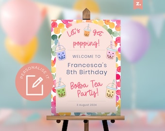 Letrero de bienvenida para fiesta de cumpleaños con temática de Boba / DESCARGA INSTANTÁNEA / Cartel de bienvenida para fiesta de té de burbujas / Lindo letrero de bienvenida kawaii Boba Tea Party BP2
