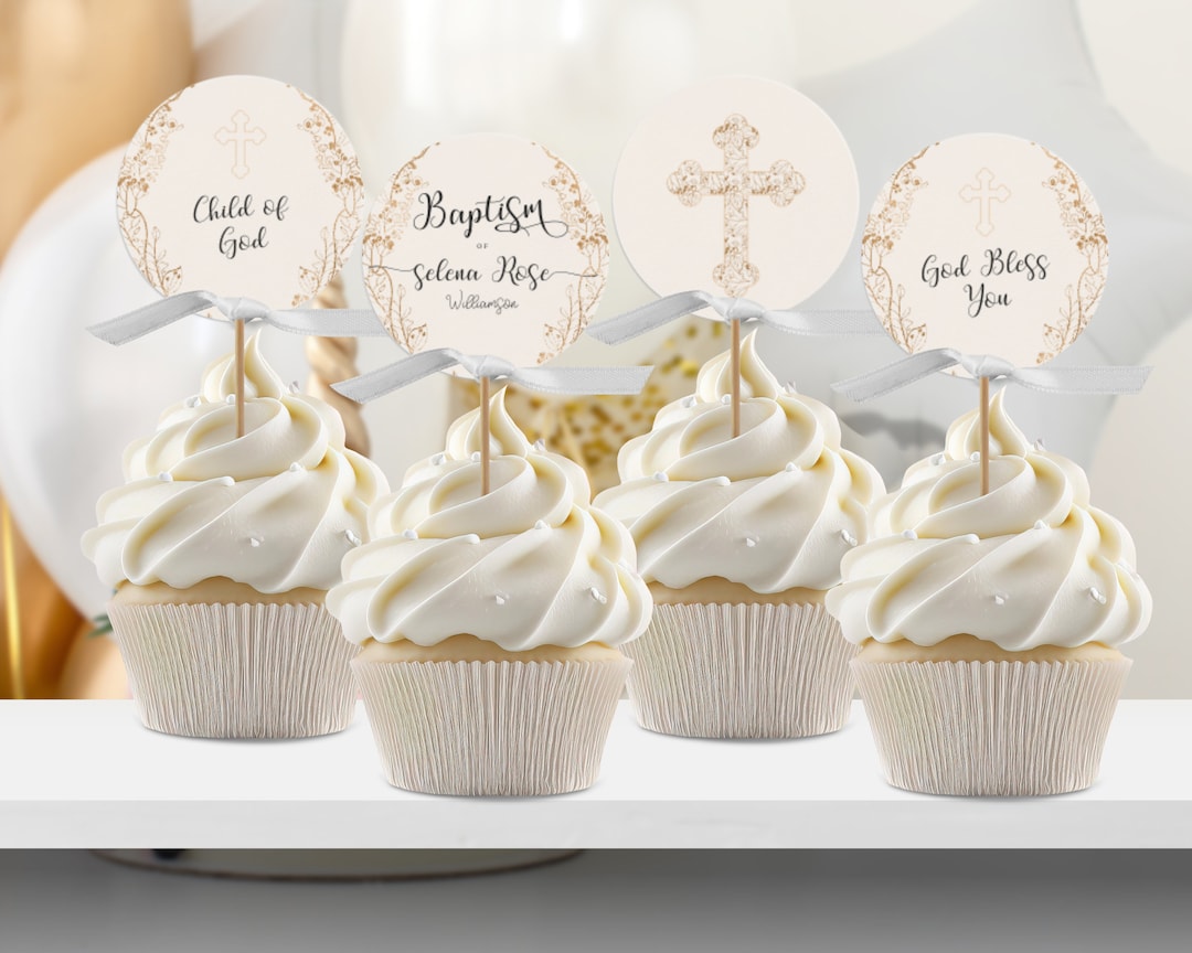 Baptism Cupcake Toppers | INSTANT DOWNLOAD | Gold Floral Cross Cake ...