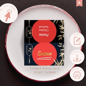 Hibachi Dinner Party Place Card with Proteins | INSTANT DOWNLOAD | Gold Lantern Hibachi Folded Name Card | Japanese Party Place Card | HI4