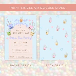 May include: Light blue birthday party invitation with a boba tea theme. The front design features text that reads "Let's get popping" and "Boba Tea Party!" with boba tea cup illustrations. The back design has a repeating pattern of boba tea cups and pink diamonds.