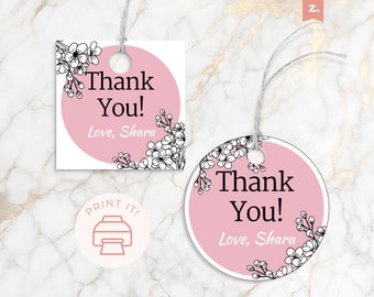 May include: Two pink and white thank you gift tags with black floral designs and the text "Thank You! Love, Shara".