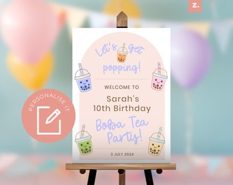 Letrero de bienvenida para fiesta de cumpleaños con temática de Boba / DESCARGA INSTANTÁNEA / Cartel de bienvenida para fiesta de té de burbujas / Lindo letrero de bienvenida para fiesta Kawaii EDITABLE BP1