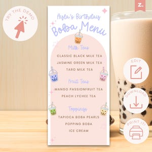 Plantilla de menú de bebidas de cumpleaños con té de burbujas / DESCARGA INSTANTÁNEA / Fiesta de té de burbujas / Menú de fiesta de té de burbujas / Menú de bebidas de Boba / Menú de té de burbujas BP1