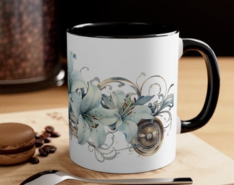 Stylized Steampunk Blue Lilies Accent Coffee Mug, 11oz