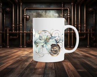 Stylized Steampunk Lilies Ceramic Mug 11oz