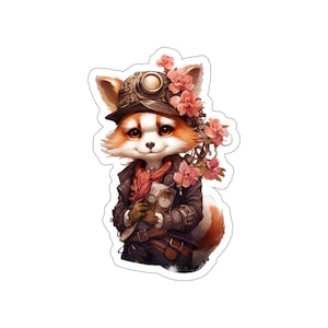 Süßer Steampunk Roter Panda mit Blumen-Vinyl Kiss-Cut Sticker
