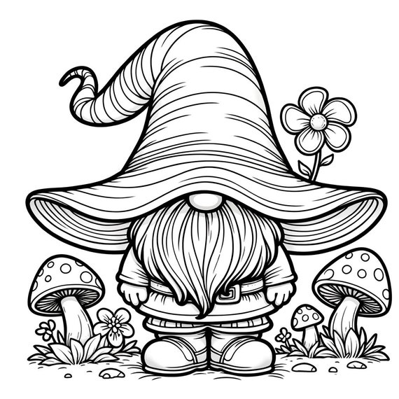10 gnome coloring pages, enchanted gnome coloring page, fantasy gnome coloring