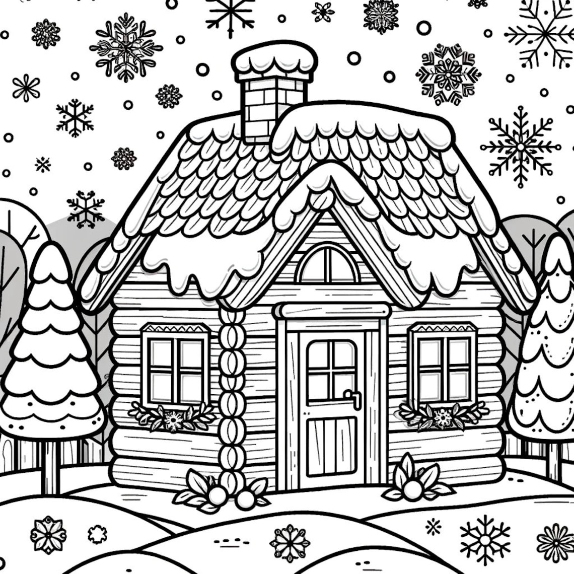 5 Winter Cabin Coloring Pages, Winter Coloring Pages, Snowy Coloring
