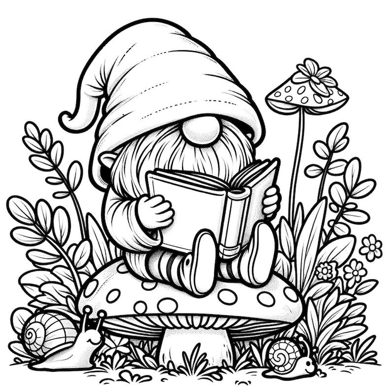 10 Gnome Coloring Pages, Enchanted Gnome Coloring Page, Fantasy Gnome