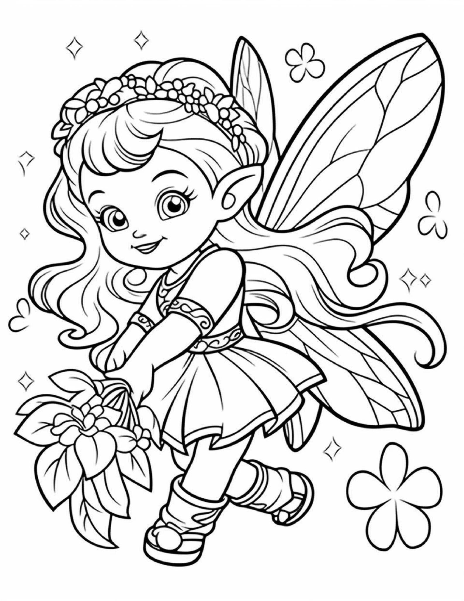 5 Fairy Coloring Pages, Enchanted Fairy Coloring Page, Fantasy Fairy Coloring, Cute Fairy