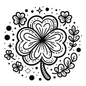 May include: A black and white line drawing of a four-leaf clover with a stylised design. The clover is surrounded by small dots, stars, and leaves.