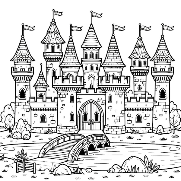 5 castle coloring pages, fantasy castle coloring, adult coloring, kids coloring