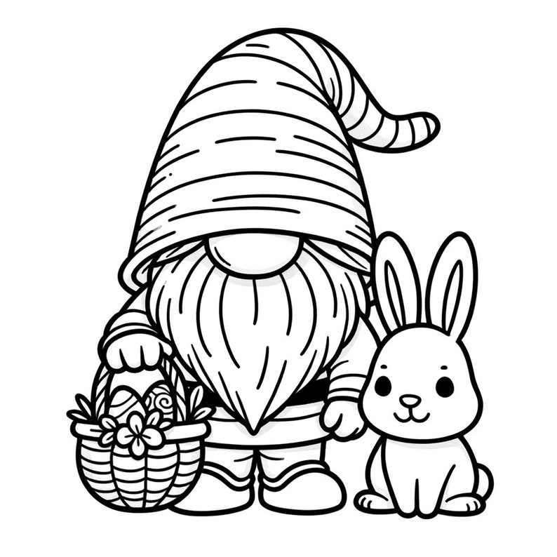 5 Easter Gnome Coloring Pages, Easter Gnome Coloring Bundle, Gnome