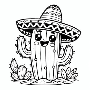 5 cute cactus coloring page, cactus coloring page, plant coloring page, digital coloring page.