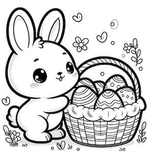 Puede incluir: Un dibujo en blanco y negro de un lindo conejito sosteniendo una cesta llena de huevos de Pascua. El conejito tiene ojos grandes y una expresión dulce. La cesta está tejida y tiene un asa. Los huevos están decorados con diferentes patrones.