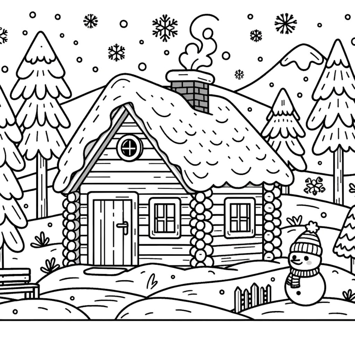 5 Winter Cabin Coloring Pages, Winter Coloring Pages, Snowy Coloring