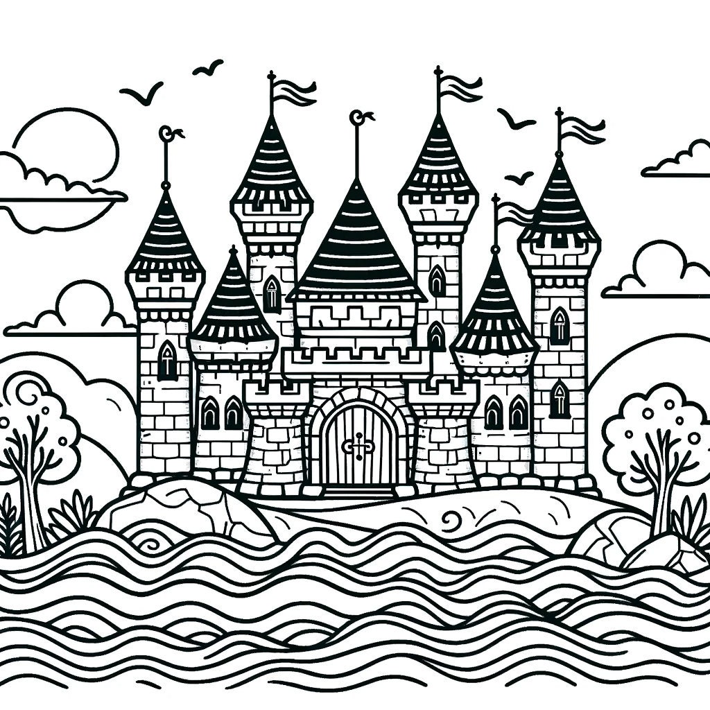 5 Castle Coloring Pages, Fantasy Castle Coloring, Adult Coloring, Kids