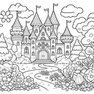 5 castle coloring pages, fantasy castle coloring, adult coloring, kids coloring