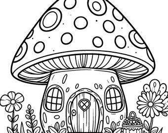 30 mushroom house coloring pages, enchanted mushroom house bundle, cute mushroom house