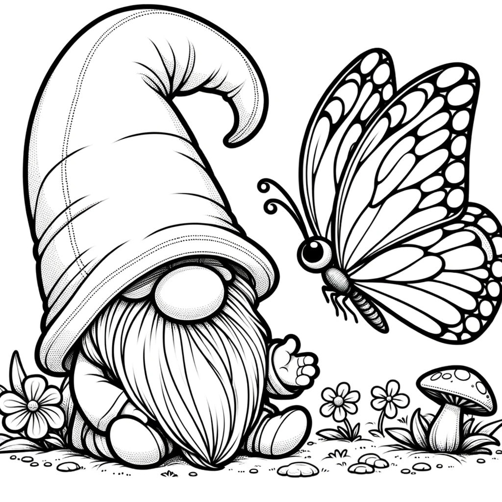 5 butterfly gnome coloring pages, enchanted butterfly gnome coloring page, fantasy butterfly gnome coloring, butterfly coloring pages, gnome