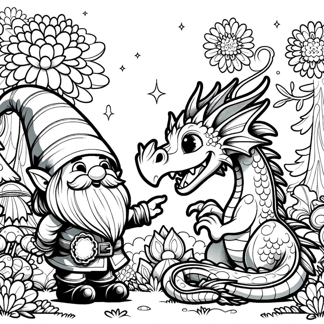 5 Gnome Coloring Pages, Enchanted Gnome Coloring Page, Fantasy Gnome