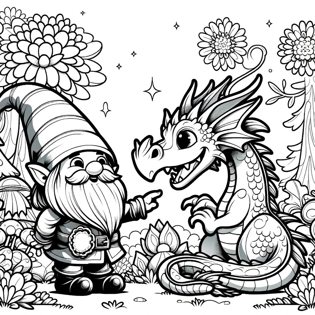 5 gnome coloring pages, enchanted gnome coloring page, fantasy gnome coloring