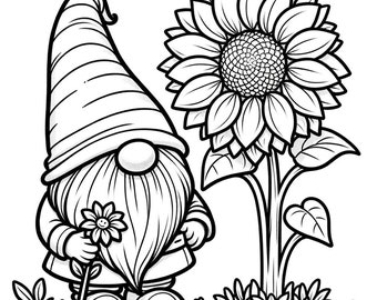 5 sunflower gnome coloring pages, enchanted sunflower gnome coloring page, fantasy sunflower gnome coloring, sunflower coloring pages, gnome