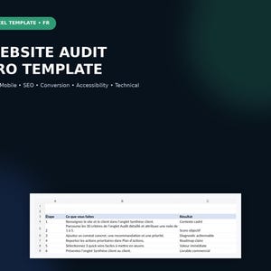 Peut inclure: Un modèle Excel pour audit de site web, affichant le texte "WEBSITE AUDIT PRO TEMPLATE" et "UX, Mobile, SEO, Conversion, Accessibility, Technical." Un tableau présente six étapes avec les colonnes "Etape," "Ce que vous faites," et "Résultat."