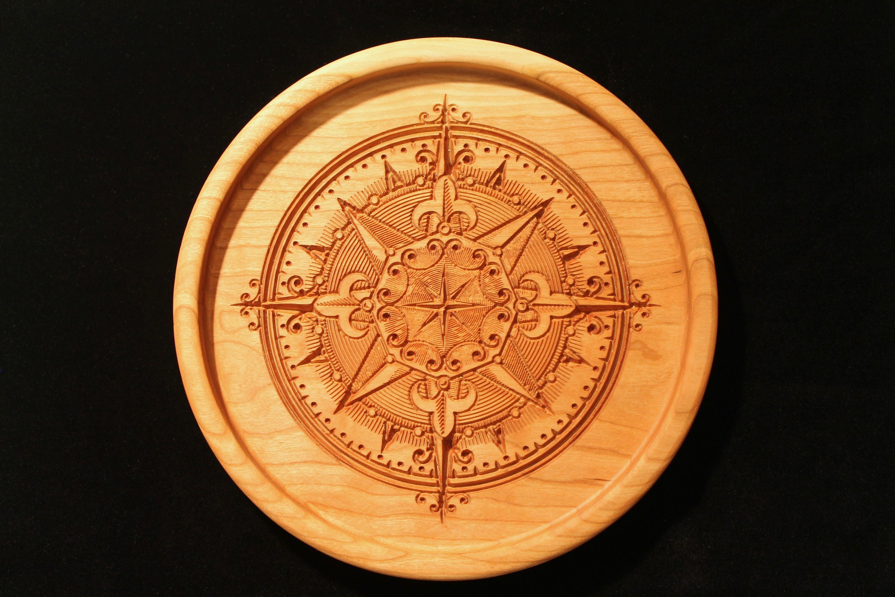 Carved Compass Rose Cherry Wood Tray: Vintage Style Serving Tray