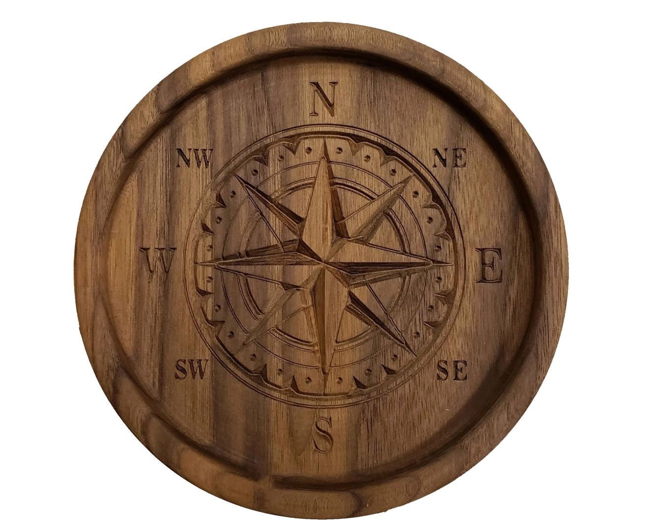 Handcrafted Nautical Compass Rose Catch-All Tray - 8-in Solid Walnut Organizer