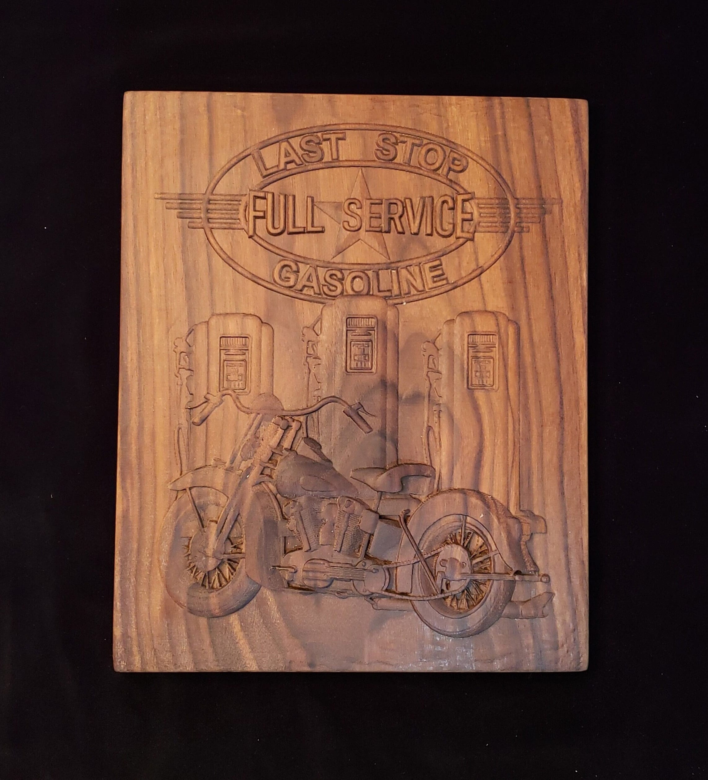 3D Carved Antique Motorcycle Wall Hanging – Walnut Full-Service Gas Pump Scene