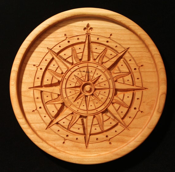 Cherry Compass Rose Tray – Bold 16-Point Star with Feathered Points (10.5-inch)