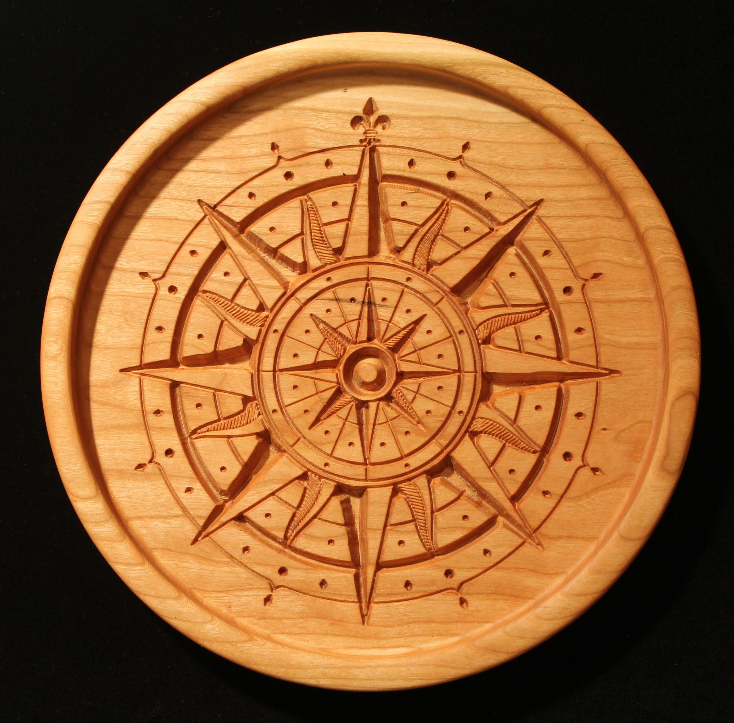 Carved Compass Rose Serving Tray, Solid Cherry Wood 10.5-inch