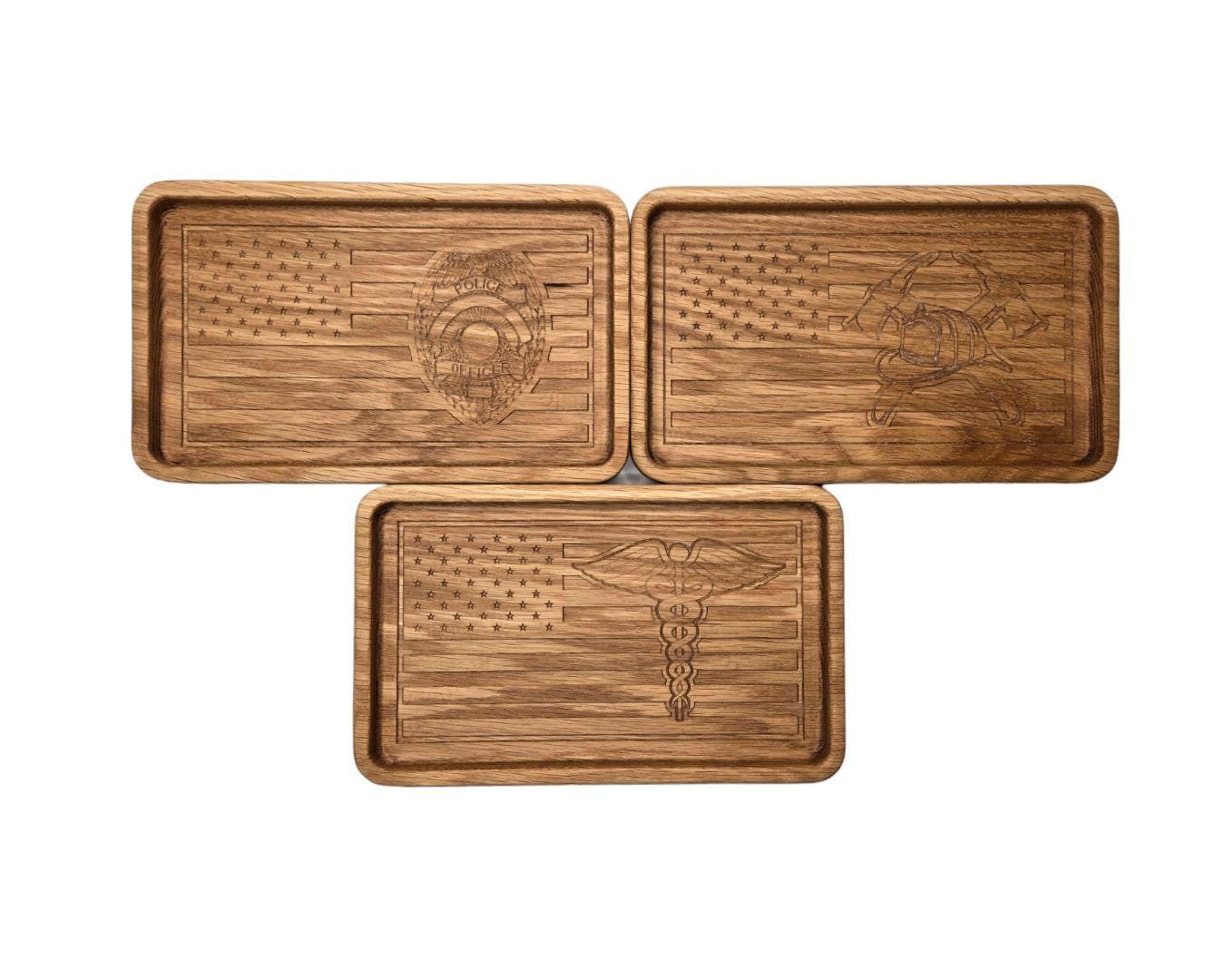 Handcrafted First Responder Catch-All Trays – Oak American Flag Police, Firefighter & EMS Designs