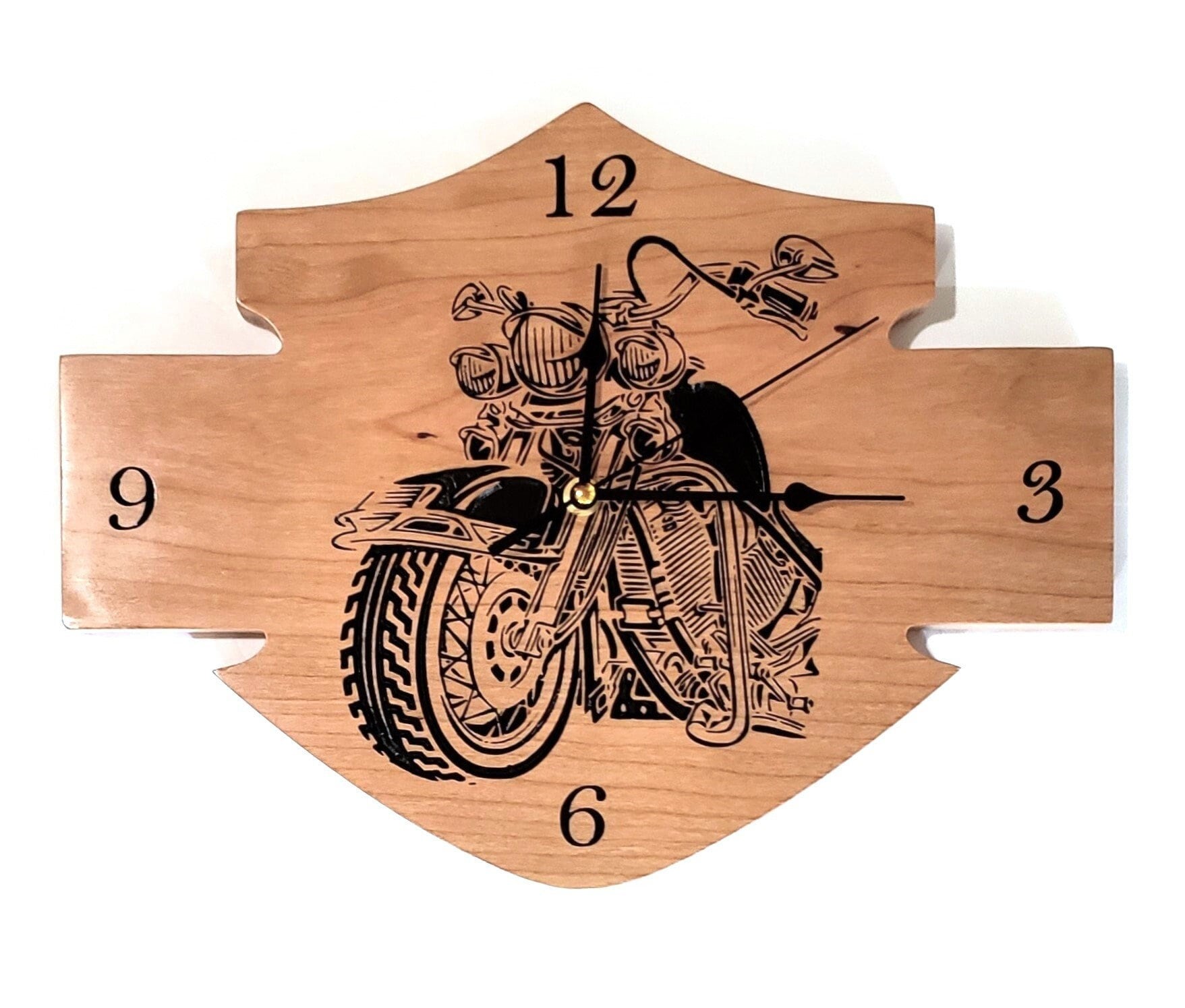 Handcrafted Cherry Wood Motorcycle Clock – V-Carved & Hand-Painted