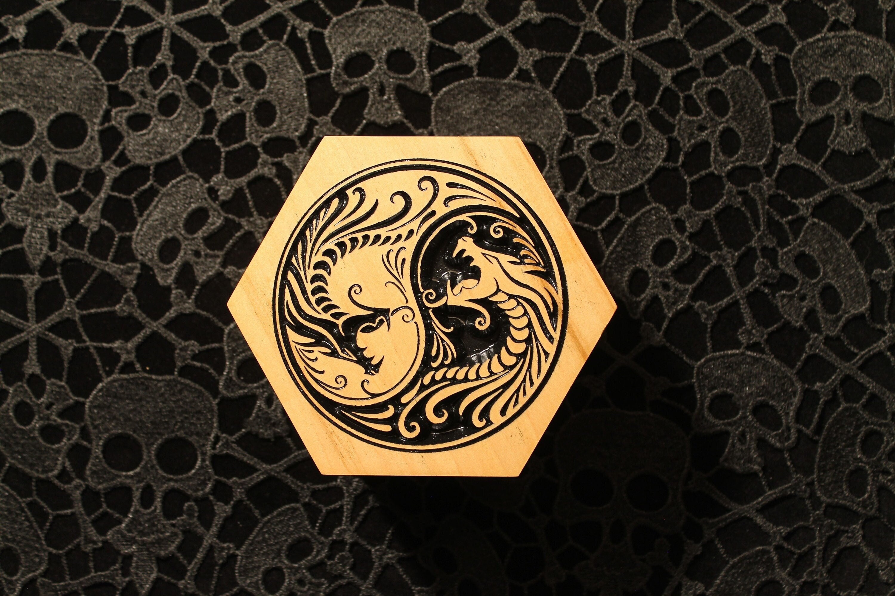 Handcrafted Hexagon Dice Box – Maple Wood Yin-Yang Dragon Design