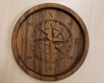 Nautical Compass Rose Walnut Catch-All Tray - Handcrafted 8-Inch Round Organizer